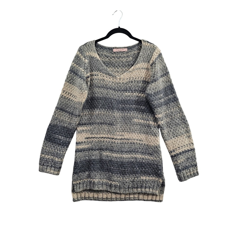 Elsamanda Sweater Womens Medium Gray Striped Wool Blend Chunky Knit Italy V-Neck
